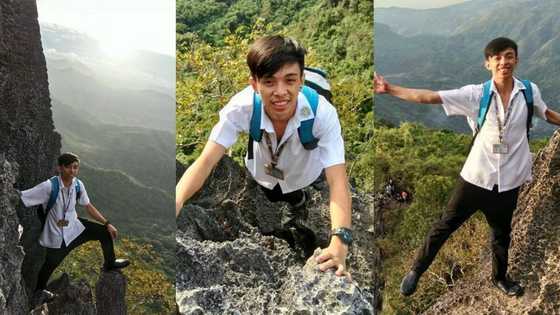 Stressed Pinoy student decides to go mountain climbing while still wearing his school uniform and ID