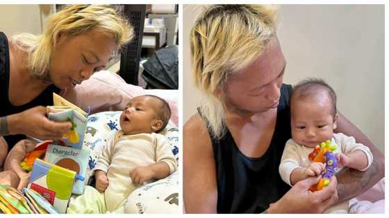 Baby Meteor plays and learns with his Daddy Whamos; Antonette Gail reacts