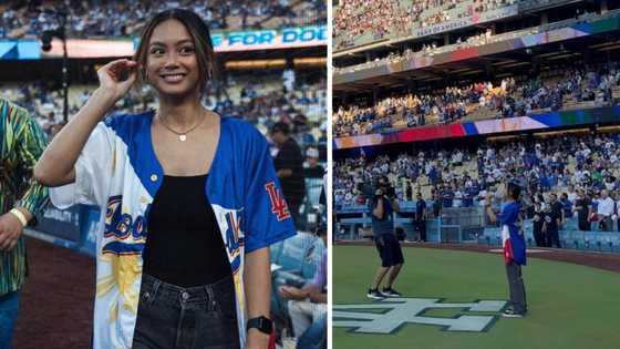 Ylona Garcia, kinanta ang Philippine National Anthem sa isang baseball match sa Los Angeles