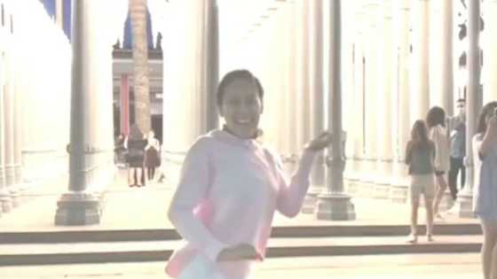 Ai-Ai delas Alas dances in front of the Urban Light of Los Angeles County Museum of Art